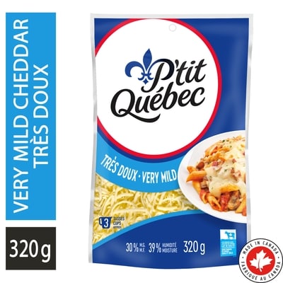 P'tit Québec Very Mild Cheddar Shredded Cheese 320 g, $2.81/100g