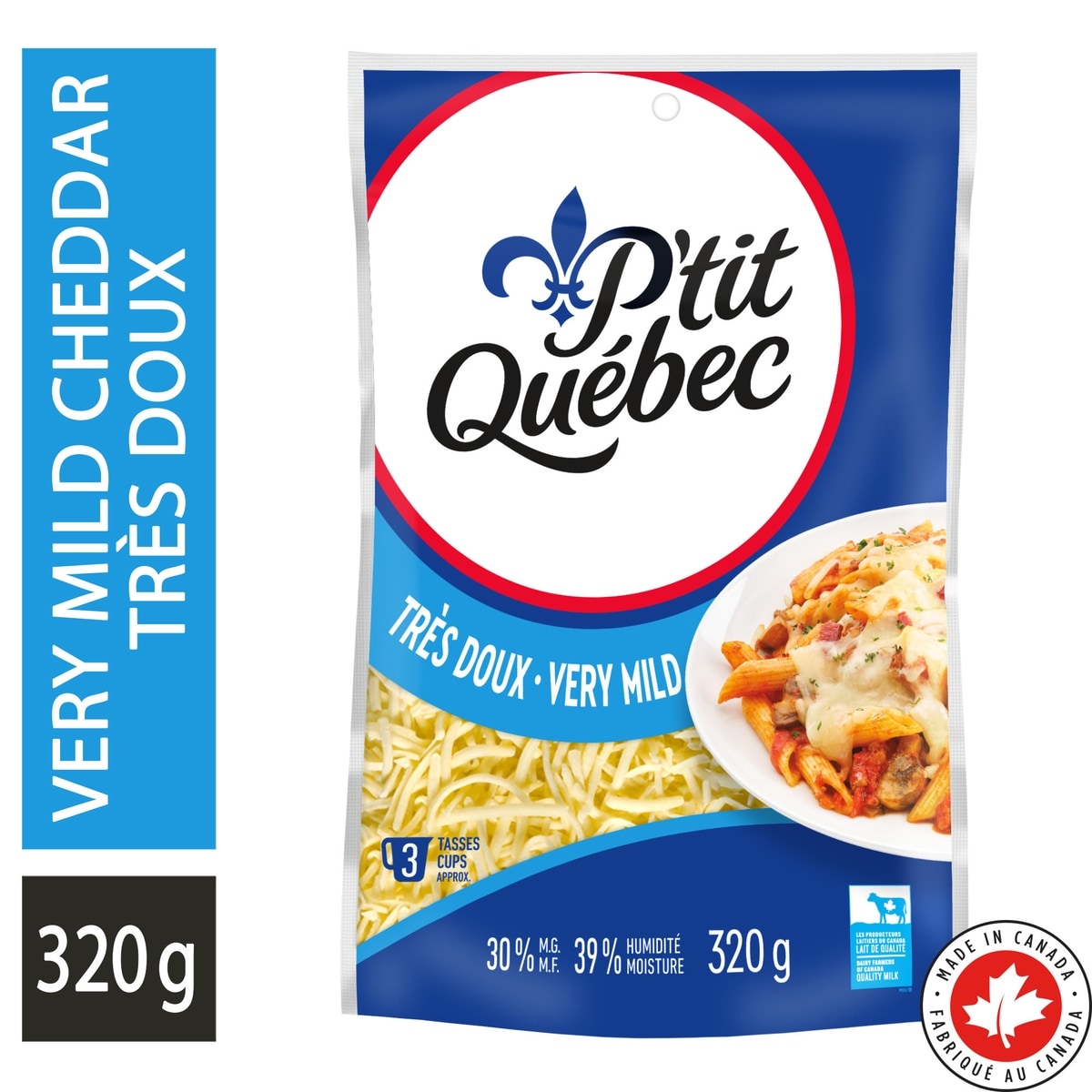 P'tit Québec Fromage râpé cheddar très doux 320 g, 1,88 $/100g