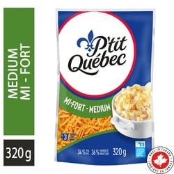 P'tit Québec Fromage râpé cheddar mi-fort. 320 g, 1,87 $/100g