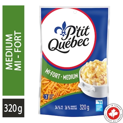 P'tit Québec Fromage râpé cheddar mi-fort. 320 g, 2,81 $/100g