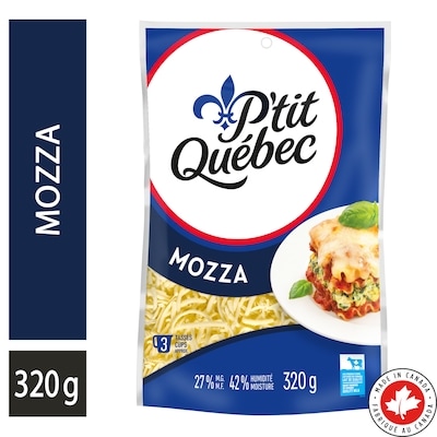 P'tit Québec Mozza Shredded Cheese 320 g, $2.81/100g