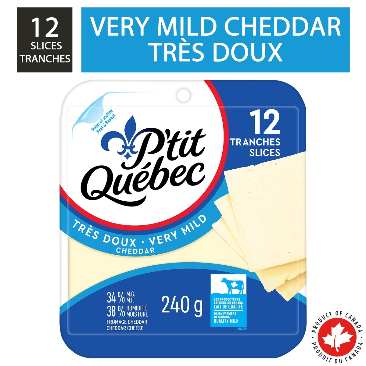 P'tit Québec Fromage cheddar très doux en tranches 240 g, 2,29 $/100g