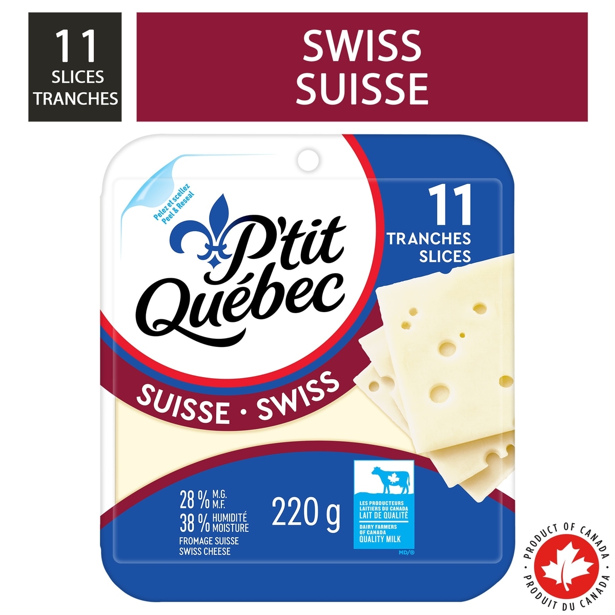 P'tit Québec Fromage Suisse en tranches 220 g, 2,50 $/100g