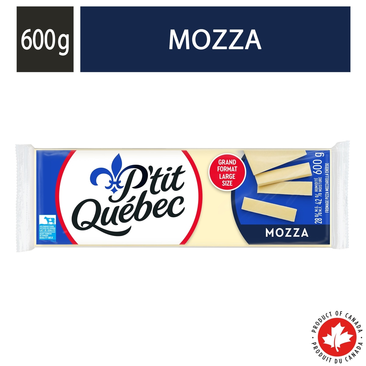 P'tit Québec Fromage mozza. 600 g, 1,92 $/100g