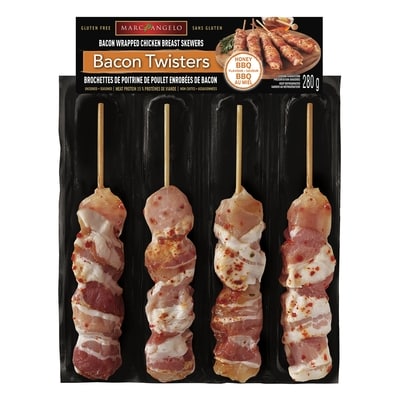 Marc Angelo Brochettes de poitrine de poulet enrobées de bacon, BBQ au miel 280 g, 3,93 $/100g
