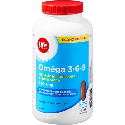 Life Oméga 3-6-9 à 1 200 mg, 200 gélules, écono format 200 ea, 0,08 $/1ch