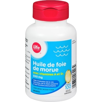 Life Huile de foie de morue avec vitamine A et D3, 550 mg, 100 gélules 100 ea, 0,09 $/1ch