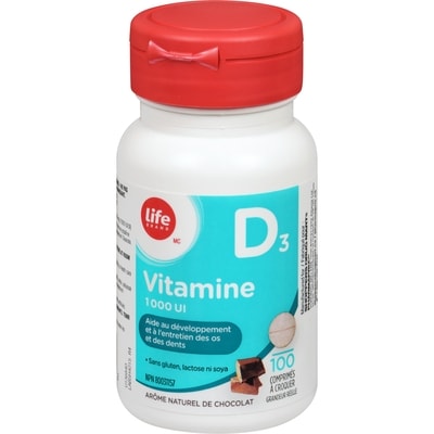 Life Vitamine D3 1 000 UI, chocolat, 100 comprimés à croquer 100 ea, 0,08 $/1ch