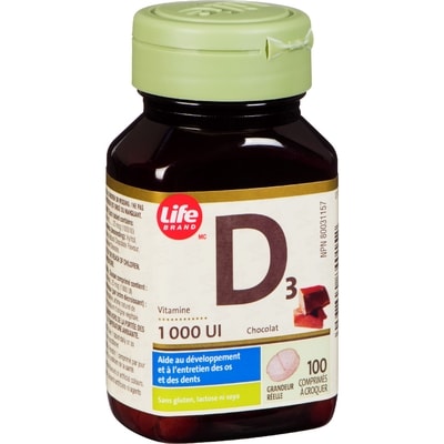Vitamine D3 1&nbsp;000&nbsp;UI, chocolat, 100&nbsp;comprimés à croquer
