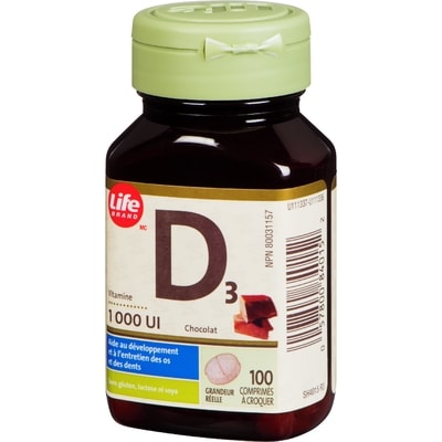 Vitamine D3 1&nbsp;000&nbsp;UI, chocolat, 100&nbsp;comprimés à croquer
