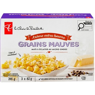 le Choix du Président Maïs à éclater au micro-ondes à grains mauves, arôme extra-beurre  247 g, 1,41 $/100g