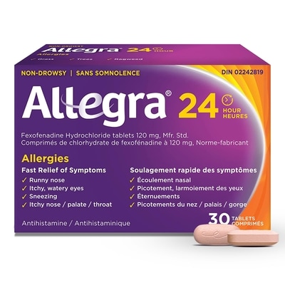 Allegra Comprimés 24 heures, 120 mg de chlorhydrate de fexofénadine 30 ea, 0,78 $/1ch