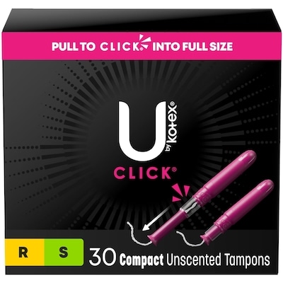 U by Kotex Click Compact Multipack Tampons, Regular/Super, Unscented, 30 Count 30 ea, $0.38/1ea