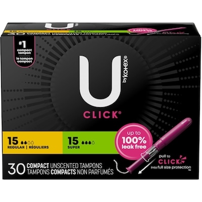 U by Kotex Tampons compacts Click, emballage multiple, absorption régulière/super, non parfumés, 30 unités 30 ea, 0,40 $/1ch