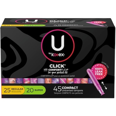 U by Kotex Tampons compacts Click, emballage multiple, absorption régulière/super, non parfumés, 45 unités 45 ea, 0,29 $/1ch