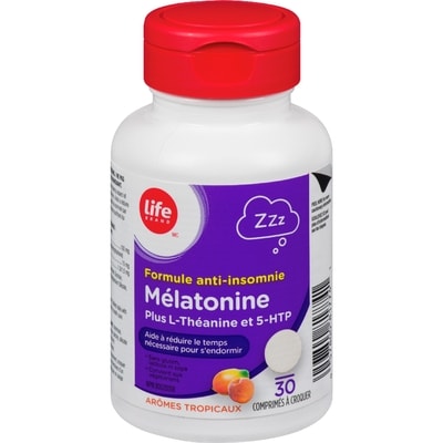 Life Mélatonine plus L-théanine, 5-HTP, saveur tropicale, 30 comprimés à croquer 30 ea, 0,33 $/1ch