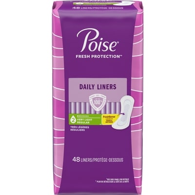 Poise Serviettes d’incontinence ultraminces pour femmes, degré d’absorption 2, absorption très légère, longueur régulière, 48 unités 48 ea, 0,19 $/1ch