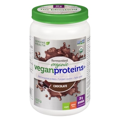 Genuine Health Fermented Organic Vegan Proteins+, Natural Chocolate Protein Powder 600 g, $9.83/100g