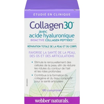 Webber Naturals Collagen30 avec acide hyaluronique bioactive collagen peptides 180 ea, 0,18 $/1ch