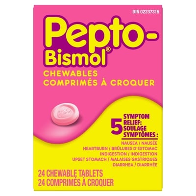 Pepto-Bismol Chewables | 5 Symptom Stomach Relief | Regular Strength | Original Flavour | 24 Chewables 24 ea, $0.46/1ea