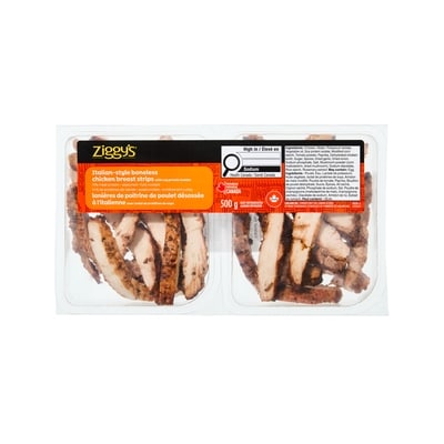 Ziggy’s Lanières de poitrine de poulet désossée à l’italienne 500 g, 3,00 $/100g
