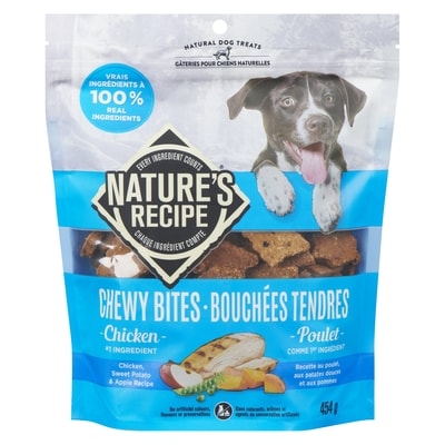 Nature’s Recipe Chewy Bites Recette sans grains au poulet aux patates douces aux pommes 454 g, 3,63 $/100g