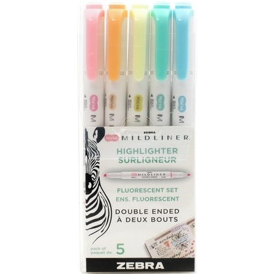 Zebra Mildliner Highlighter Fluorescent Set, double ended, assorted colours, 5 pack 1 ea, $10.50/1ea