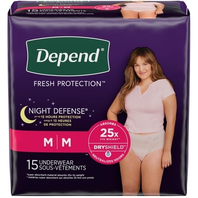 Depend Sous-vêtements d’incontinence pour adultes Night Defense pour femmes, jetables, de nuit, moyen, roses, 15 unités (l’emballage peut différer). 15 ea, 1,47 $/1ch