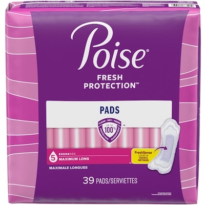 Poise Serviettes pour incontinence postpartum Poise, absorption maximale, longues, 39 serviettes 39 ea, 0,59 $/1ch