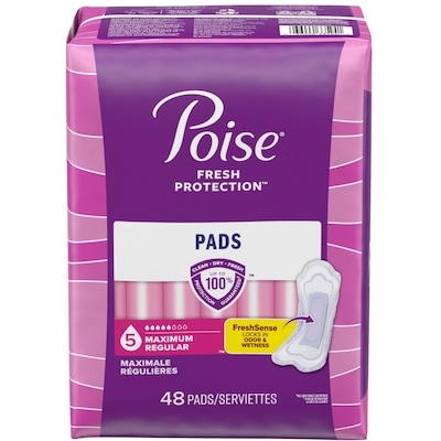 Poise Serviettes pour incontinence Poise, absorption maximale, longueur ordinaire, 48 serviettes 48 ea, 0,48 $/1ch