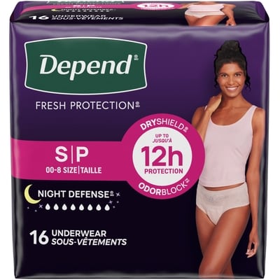Depend Sous-vêtements d’incontinence pour adultes Night Defense pour femmes, jetables, de nuit, petits, roses, 16 unités (l’emballage peut différer). 16 ea, 1,37 $/1ch