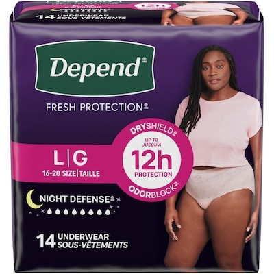 Depend Sous-vêtements d’incontinence pour adultes Night Defense pour femmes, jetables, de nuit, grand, roses, 14 unités (l’emballage peut différer). 14 ea, 1,57 $/1ch