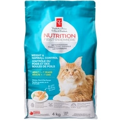 President's Choice Nutrition First Weight and Hairball Control Premium Adult Dry Cat Food 4 kg, $0.63/100g