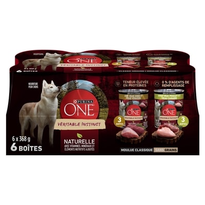Purina ONE Véritable Instinct Moulue Classique Emballage Assorti Dinde, Venaison, Poulet et Canard, Nourriture Humide pour Chiens 6 x 368 g 2.208 kg, 0,59 $/100g