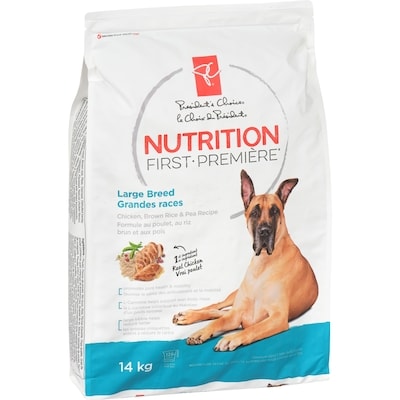 Nourriture pour chiens Nutrition première pour grandes races, poulet, riz brun et pois