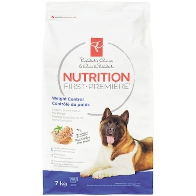 President's Choice Nutrition First Weight Control Dog Food, Chicken, Brown Rice & Pea 7 kg, $0.44/100g