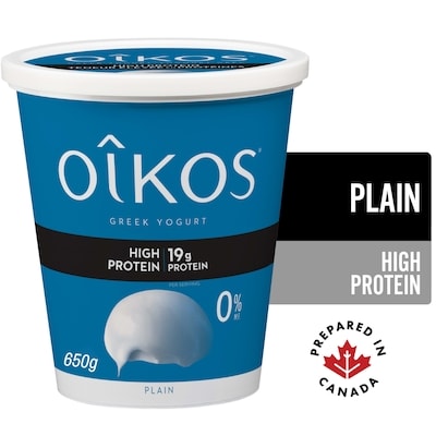 Oikos Greek Yogurt, Plain, High Protein, 0% M.F. 650 g, $1.15/100g