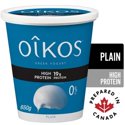 Oikos Greek Yogurt, Plain, High Protein, 0% M.F. 650 g, $1.15/100g