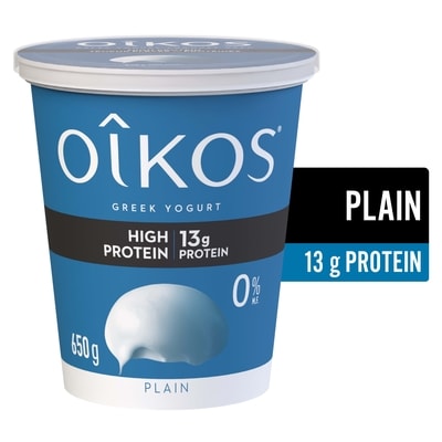 Oikos Greek Yogurt, Plain, High Protein, 0% M.F. 650 g, $1.20/100g