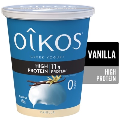 Oikos Greek Yogurt, Vanilla, High Protein, Blended, 0% M.F. 650 g, $1.35/100g