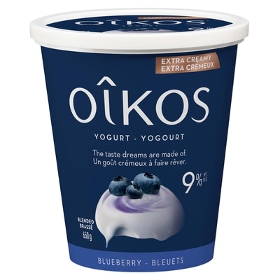 Oikos Extra Creamy Greek Yogurt, Blueberry, Blended, 9% M.F. 650 g, $1.23/100g