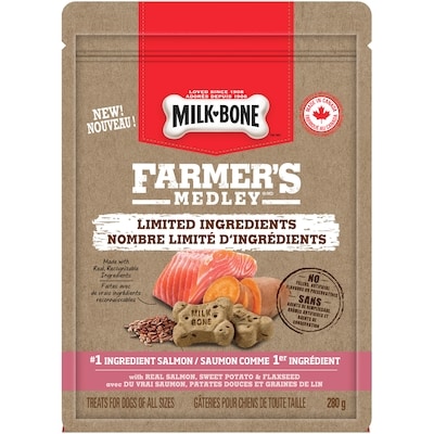 Milk-Bone Gâteries pour chiens Farmer’s Medley à nombre limité d’ingrédients, variété au saumon, 280 g 280 g, 2,14 $/100g