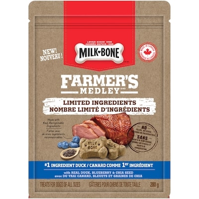 Milk-Bone Gâteries pour chiens Farmer’s Medley à nombre limité d’ingrédients, variété au canard 280 g, 2,14 $/100g