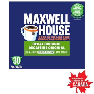 Maxwell House Café décaféiné certifié compostable capsules de café k-cup, 30 capsules 292 g, 6,85 $/100g