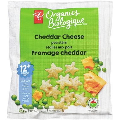 PC Organics Cheddar Cheese Pea Stars 12 g, $12.42/100g
