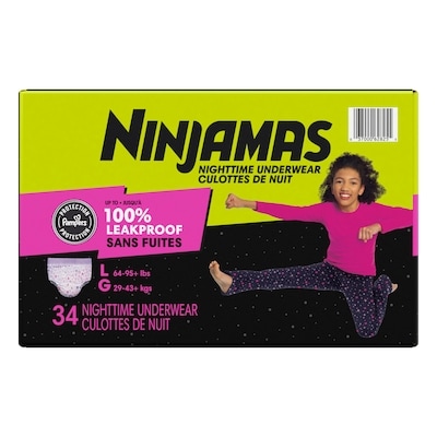 Pampers Sous-vêtements de nuit pour l’énurésie, taille G, filles, 34 sous-vêtements 34 ea, 1,00 $/1ch