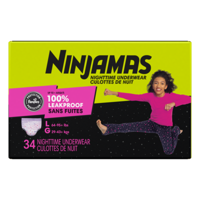 Pampers Sous-vêtements de nuit pour l’énurésie, taille G, filles, 34 sous-vêtements 34 ea, 1,00 $/1ch
