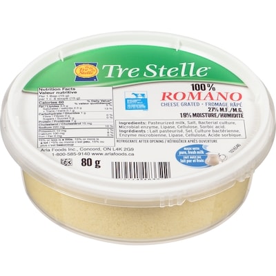 Tre Stelle 100% Romano 27% M.F. Cheese Grated 80 g, $6.25/100g