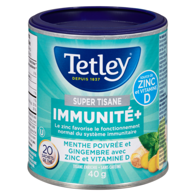 Tetley Super Tisaneimmunité+ Menthe Poivrée Et Gingembre Avec Zinc Et Vitamine D 20 ea, 0,25 $/1ch