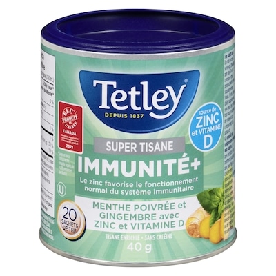 Tetley Super Tisaneimmunité+ Menthe Poivrée Et Gingembre Avec Zinc Et Vitamine D 20 ea, 0,25 $/1ch